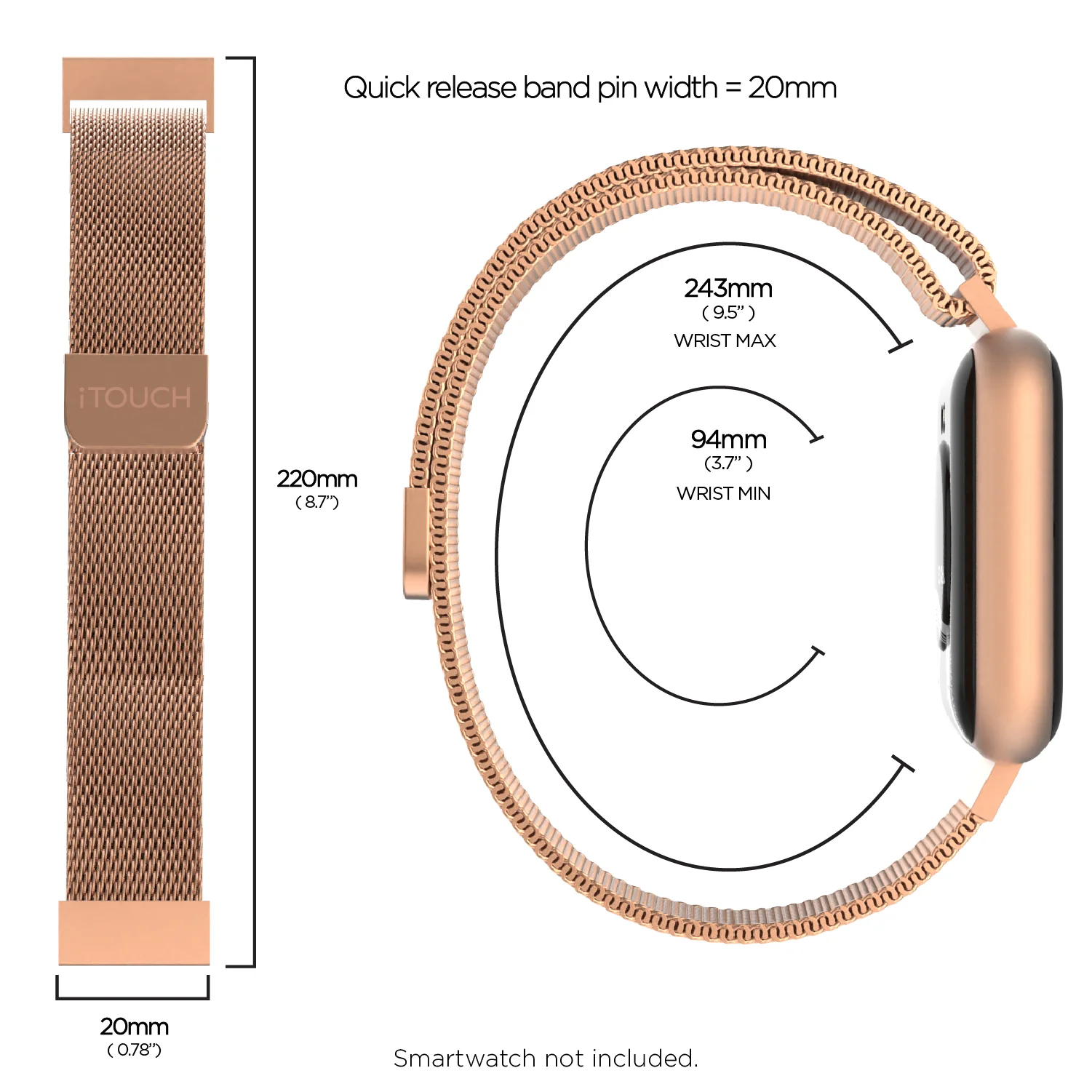 iTouch Air 3 40mm/Sport 3/Sport 4 Extra Interchangeable Strap: Narrow Rose Gold Mesh - Image 6