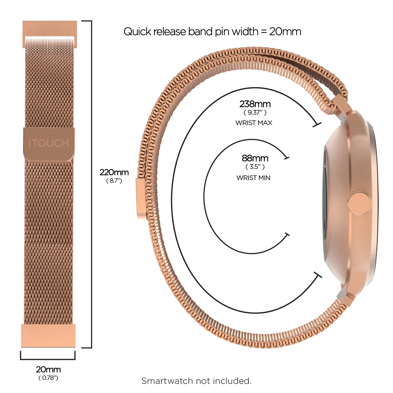 iTouch Air 3 40mm/Sport 3/Sport 4 Extra Interchangeable Strap: Rose Gold Mesh - Image 6