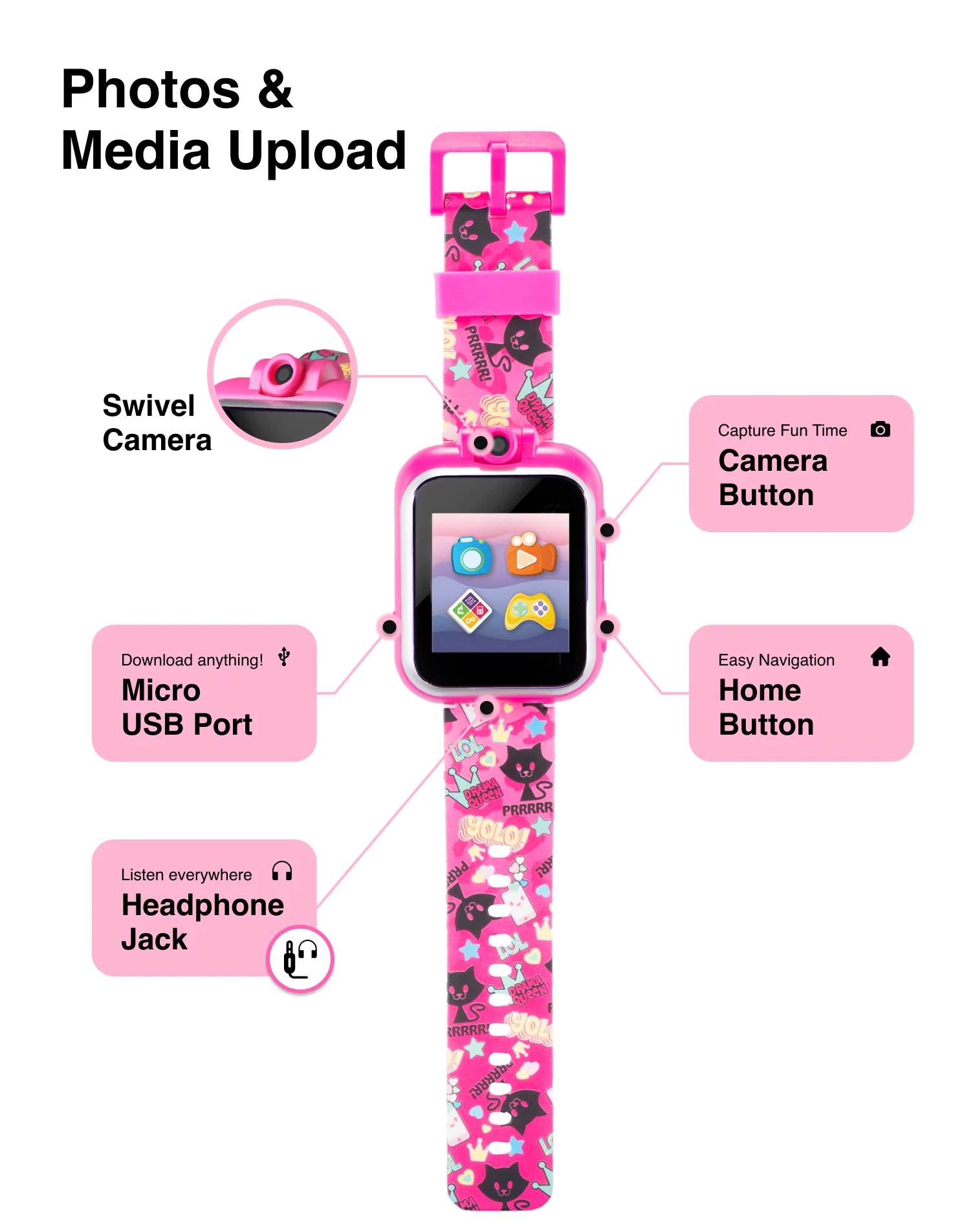 PlayZoom 2 Kids Smartwatch: Fuchsia Kitty Cats Print - Image 3