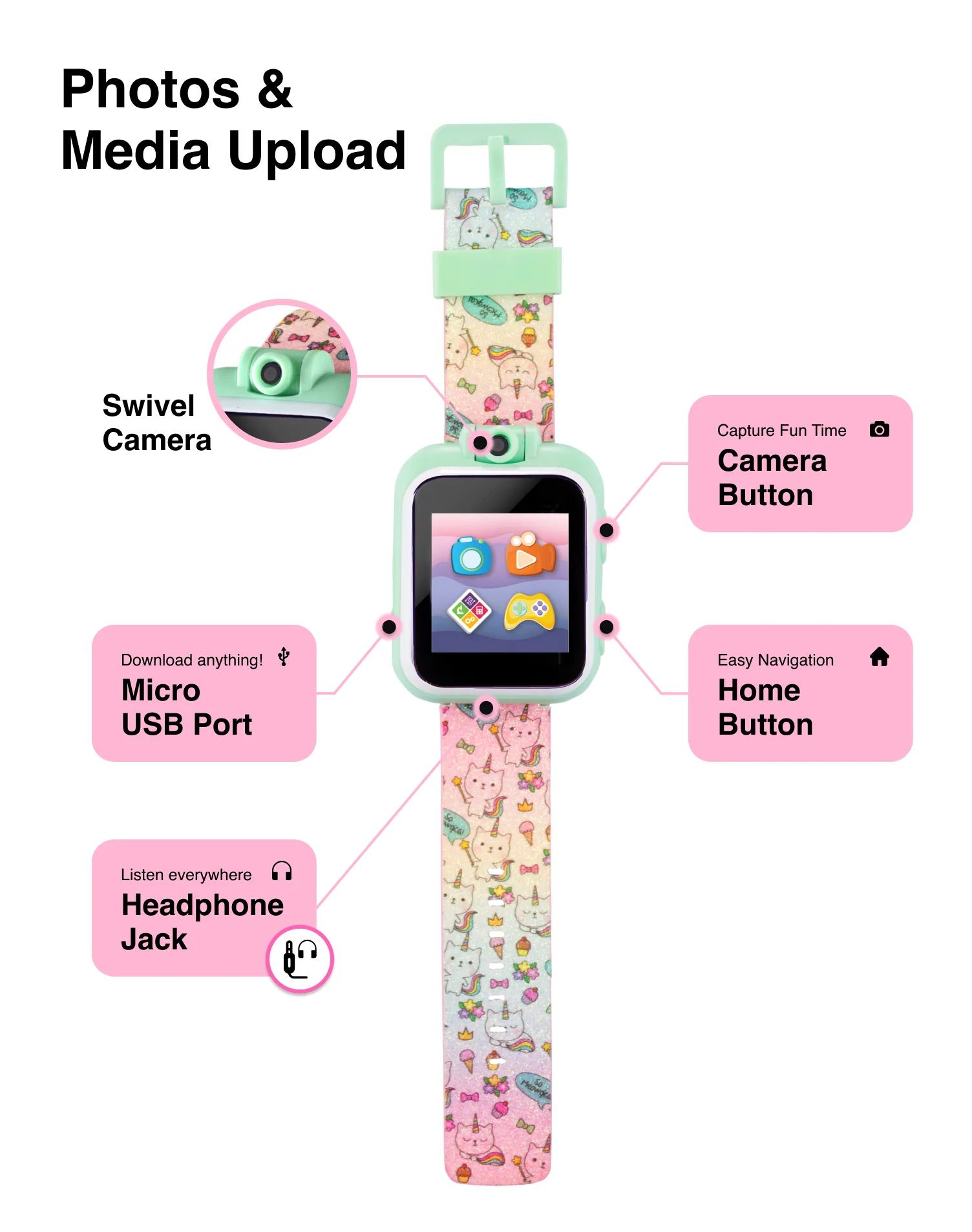 PlayZoom 2 Kids Smartwatch: Tie Dye Unicorn Cats and Ice Cream Print - Image 3