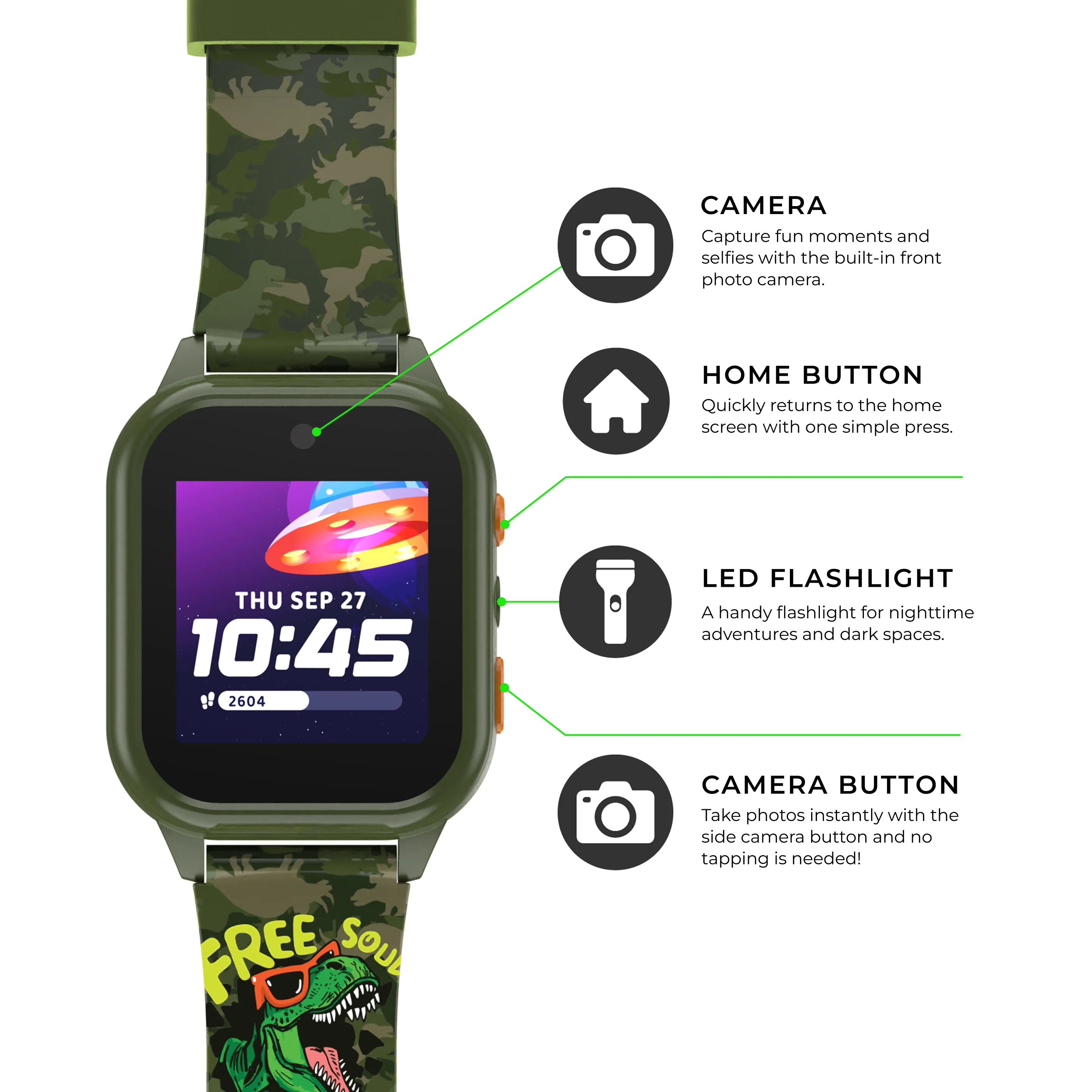 Playzoom 4 Go Kids Smartwatch and Bluetooth Headphone Bundle in Green Dinosaur - Image 3