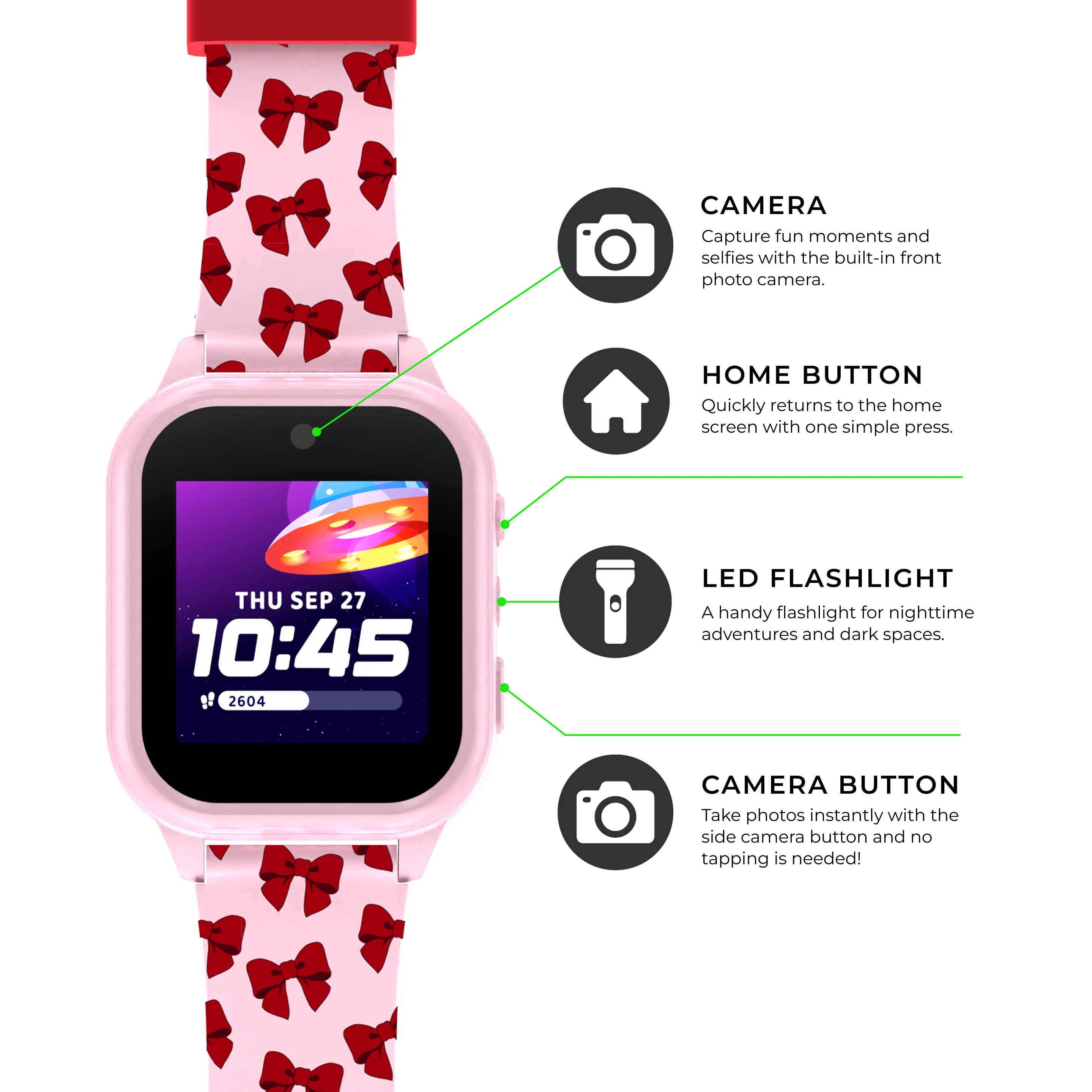Playzoom 4 Go Kids Smartwatch and Bluetooth Headphone Bundle in Pink/Red Bows - Image 3
