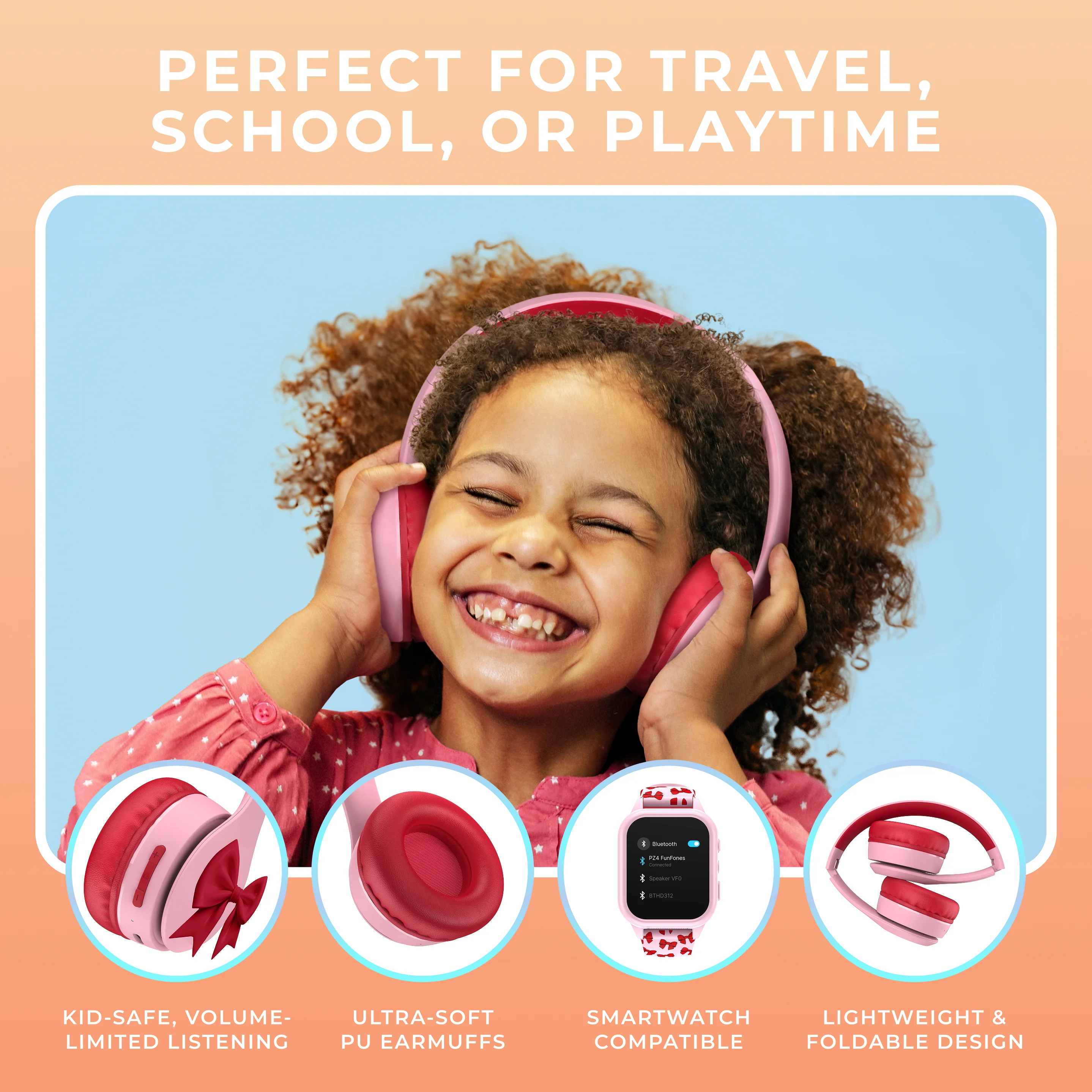 Playzoom 4 Go Kids Smartwatch and Bluetooth Headphone Bundle in Pink/Red Bows - Image 6